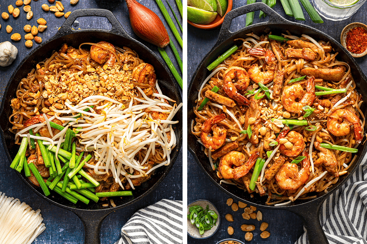Side-by-side images of a skillet with shrimp pad thai; the left shows raw bean sprouts and green onions atop noodles, while the right shows the finished, mixed dish garnished with peanuts and green onions. Ingredients surround the skillets.