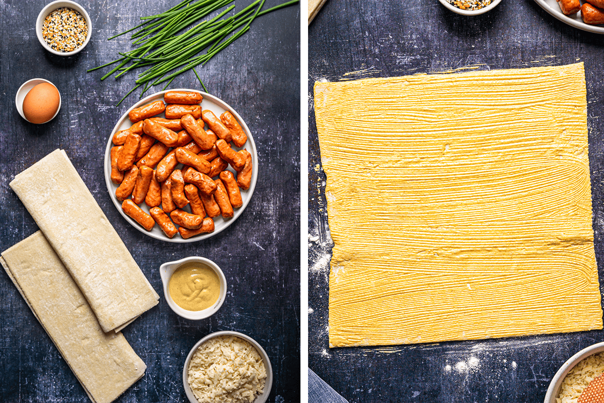 A split image: left side shows ingredients like puff pastry, mini sausages, cheese, mustard, an egg, chives, and seasonings; right side shows a rolled-out sheet of puff pastry brushed with egg wash on a dark surface.