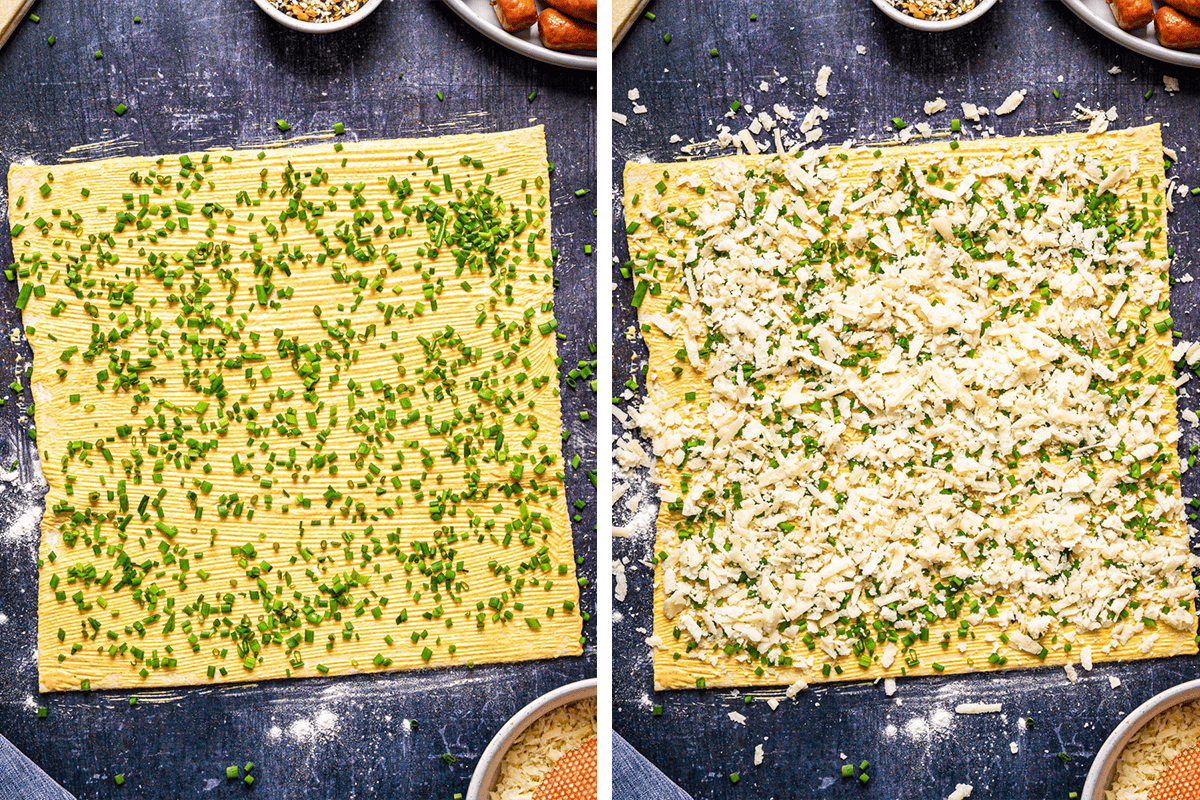 Side-by-side images of a large pastry sheet topped with chopped chives on the left, and the same sheet now also covered with shredded cheese on the right. 