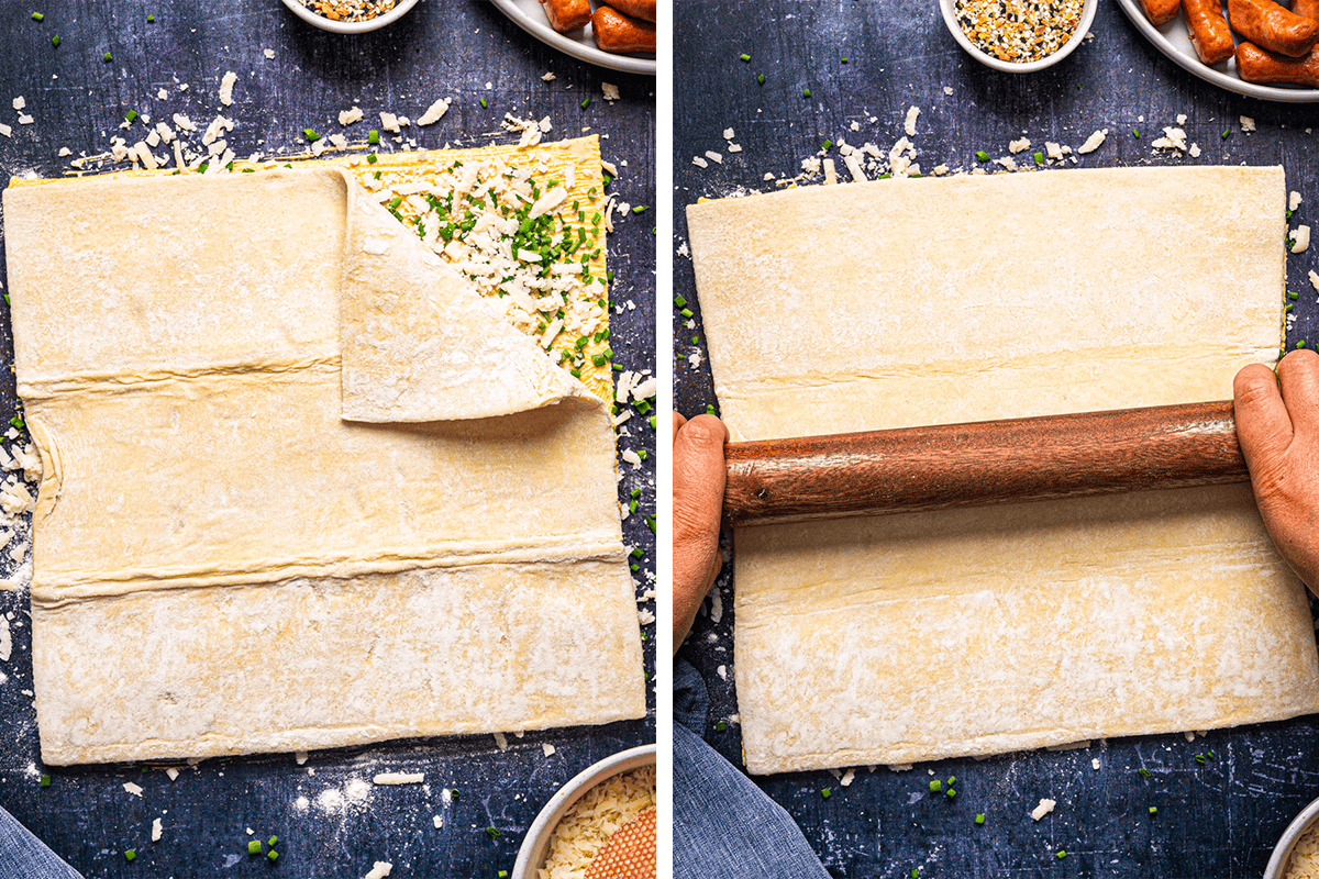 Two side-by-side images show a square sheet of pastry dough. On the left, half the dough covers a cheese and herb filling. On the right, hands use a rolling pin to flatten the folded dough on a dark surface.