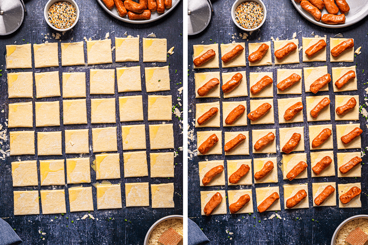 Two side-by-side images show a dark surface with square pieces of dough on the left and the same dough squares topped with mini sausages on the right, surrounded by small bowls of toppings and ingredients.