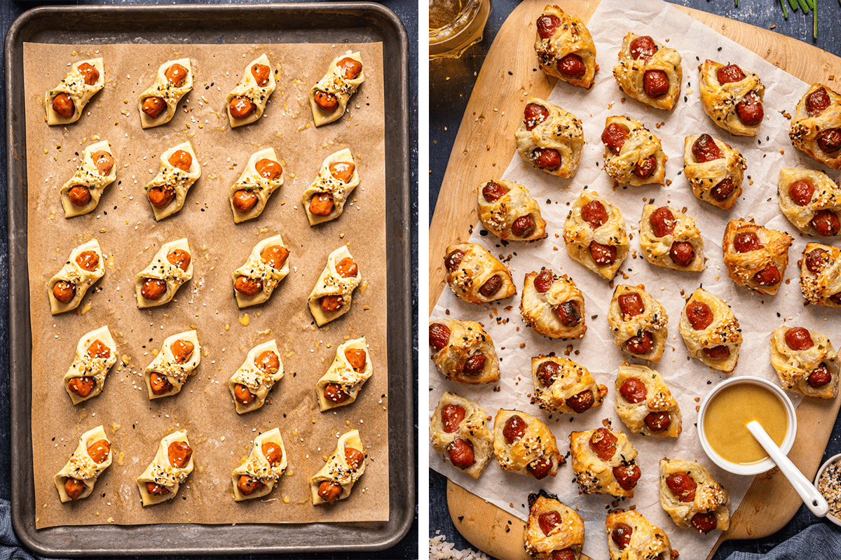 Two images show trays of baked pigs in a blanket. The left tray displays them before baking, topped with Everything Bagel Seasoning and laid out on parchment paper. The right tray shows them golden-brown and baked, served with a bowl of dipping sauce.