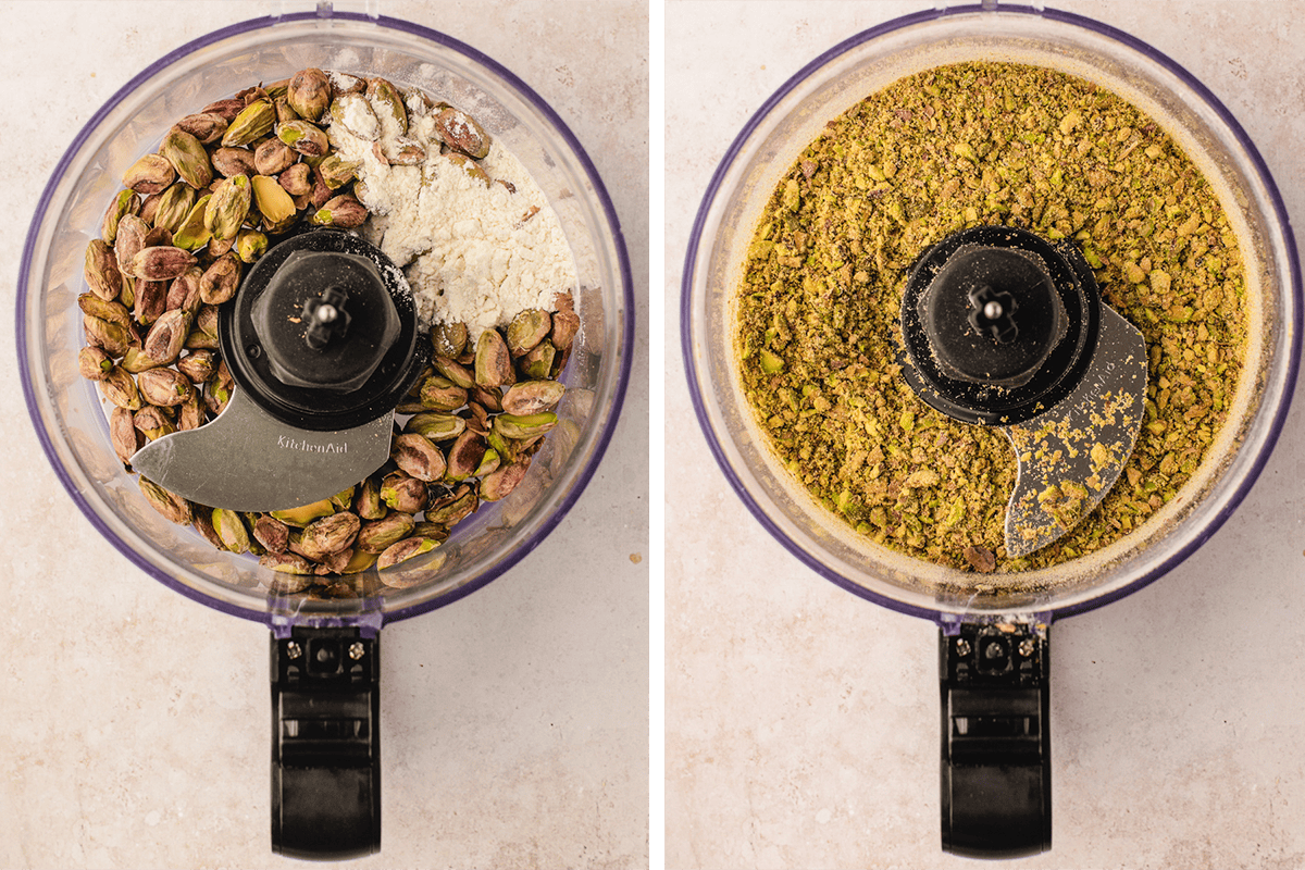 Side-by-side images of a food processor: the left shows whole pistachios and flour before blending, and the right shows the mixture finely ground after processing.