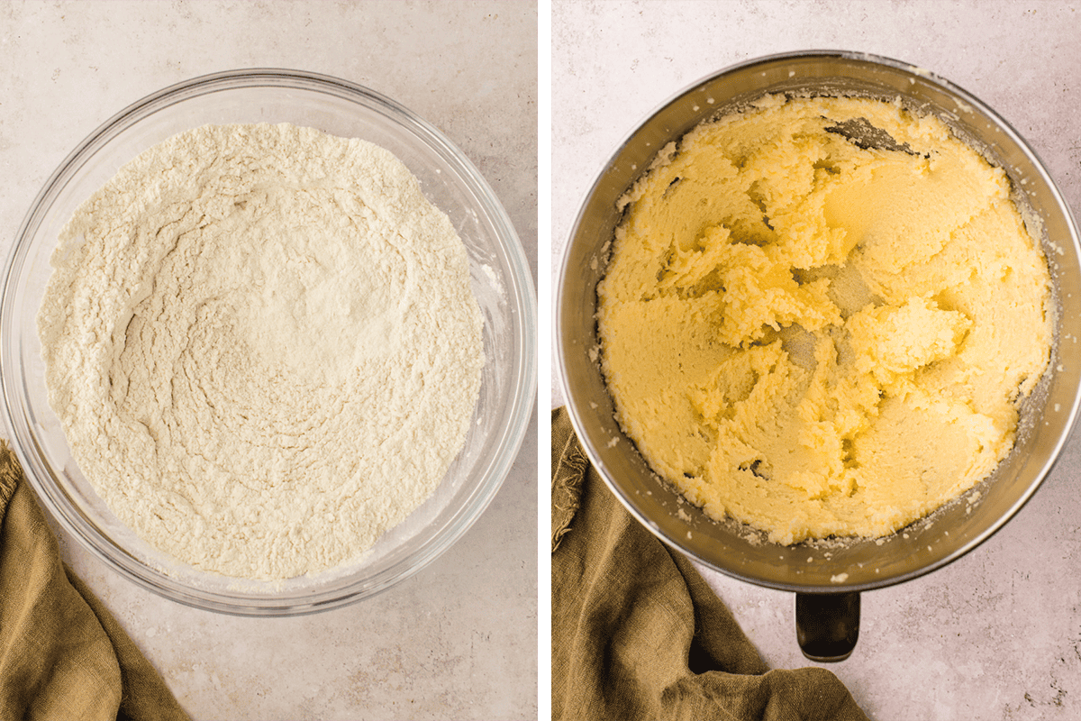Side-by-side images: left shows a glass bowl with dry flour mixture; right shows a metal bowl with yellow, creamed butter and sugar mixture. 