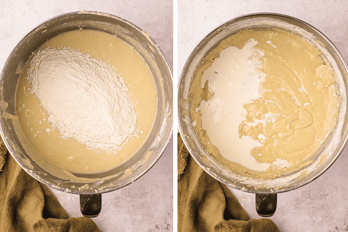 Two mixing bowls with cake batter: the left bowl has flour on top of the batter, and the right bowl shows batter being mixed with the added sour cream mixture. 