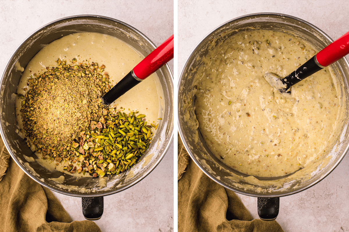 Two metal mixing bowls with batter inside. The left bowl has chopped pistachios on top of the batter, while the right bowl shows the batter after the pistachios have been stirred in. 