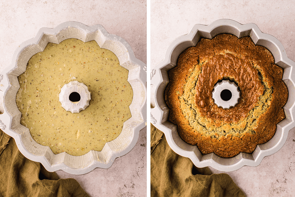 Side-by-side images of a Bundt pan: on the left, filled with unbaked cake batter; on the right, showing the same cake baked to a golden brown. 