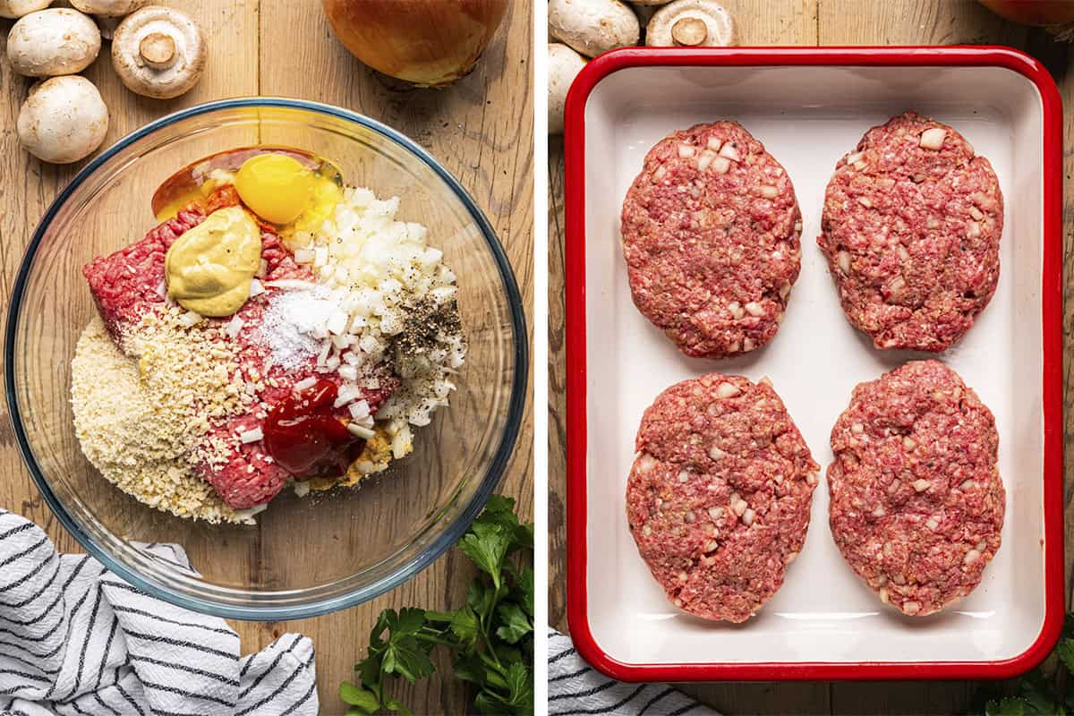 How to Make Beef Patties for Salisbury Steak (step-by-step photos) A glass bowl with ground meat, egg, breadcrumbs, chopped onions, mustard, ketchup, and seasonings; next to it, four shaped raw beef patties in a white baking dish with a red rim.