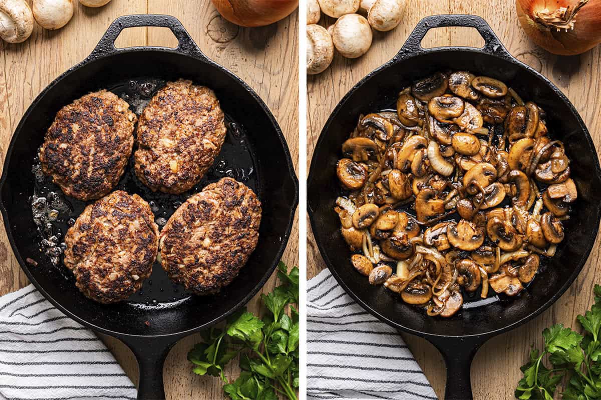 How to Make Salisbury Steak (step-by-step photos) Two images side by side: on the left, four cooked Salisbury ground beef patties in a cast-iron skillet; on the right, sautéed mushrooms and onions in the same skillet.