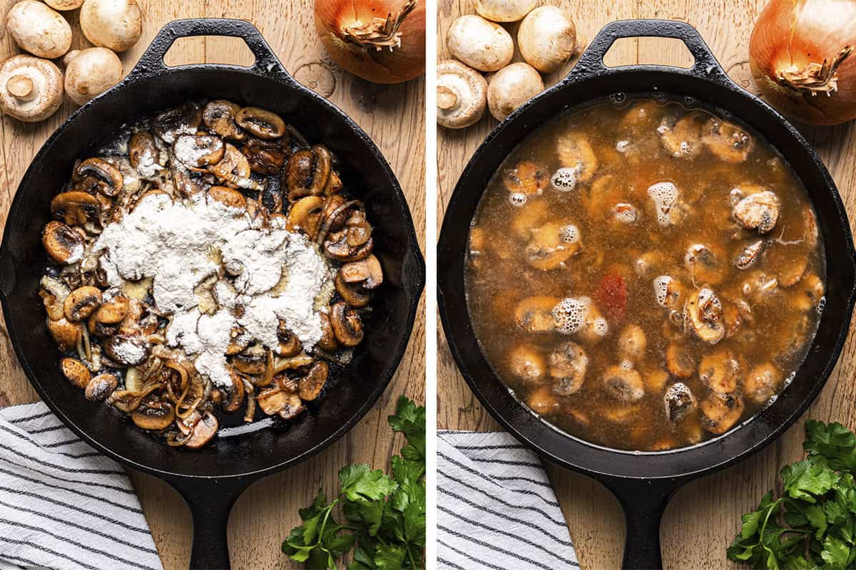 How to Make Mushroom-Onions Gravy for Salisbury Steak (step-by-step photos) Two side-by-side images of a black skillet on a wooden surface: left, sautéed mushrooms and onions with flour; right, the same skillet with broth and other ingredients added, creating a gravy.