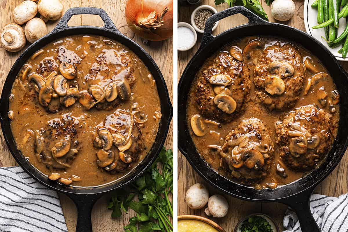 How to Make Salisbury Steak (step-by-step photos) Two side-by-side images of a cast iron skillet filled with Salisbury steak patties covered in brown mushroom gravy, garnished with sliced mushrooms.