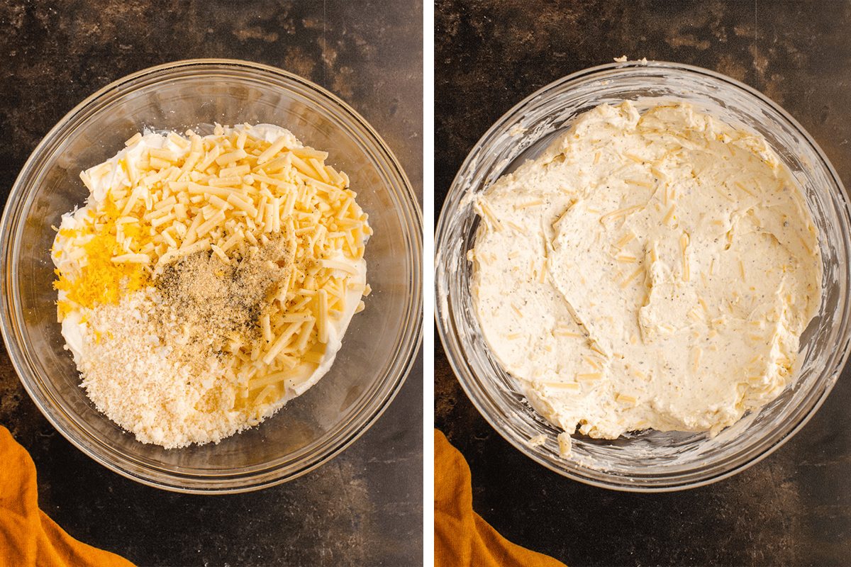 Side-by-side images show a glass bowl with cream cheese, shredded cheese, and seasonings on the left, and the same bowl with the ingredients fully mixed into a creamy cheese mixture on the right.