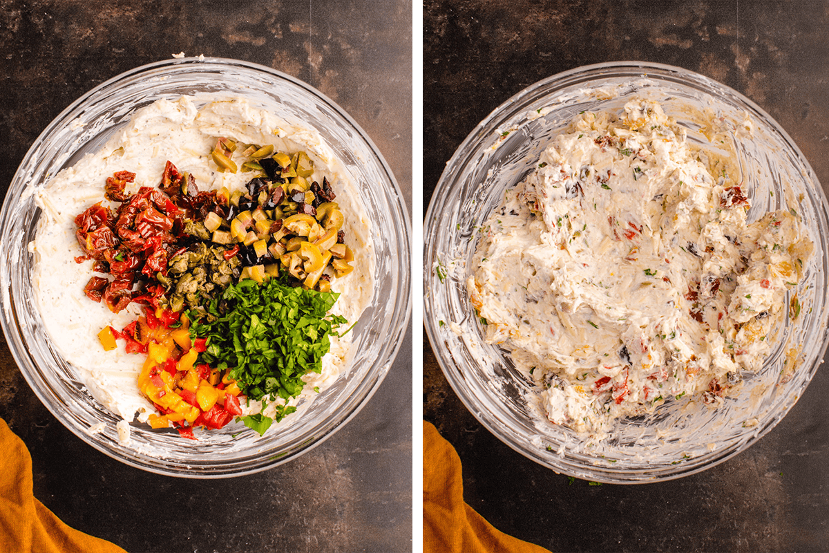 Side-by-side images of a glass bowl: on the left, cream cheese with chopped vegetables and herbs on top; on the right, all ingredients mixed together into a colorful, creamy spread.