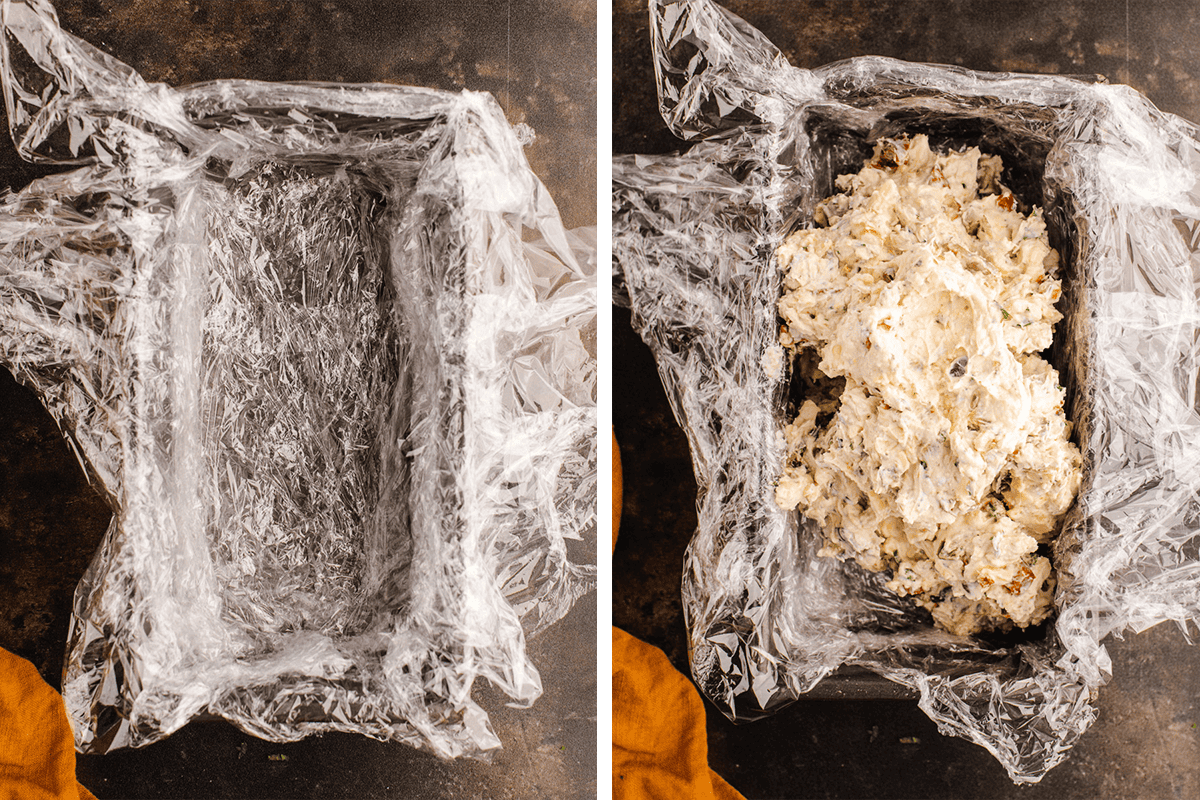 Side-by-side images: left shows a loaf pan lined with plastic wrap; right shows the same pan with a mixture containing chopped olives inside the plastic-lined pan.