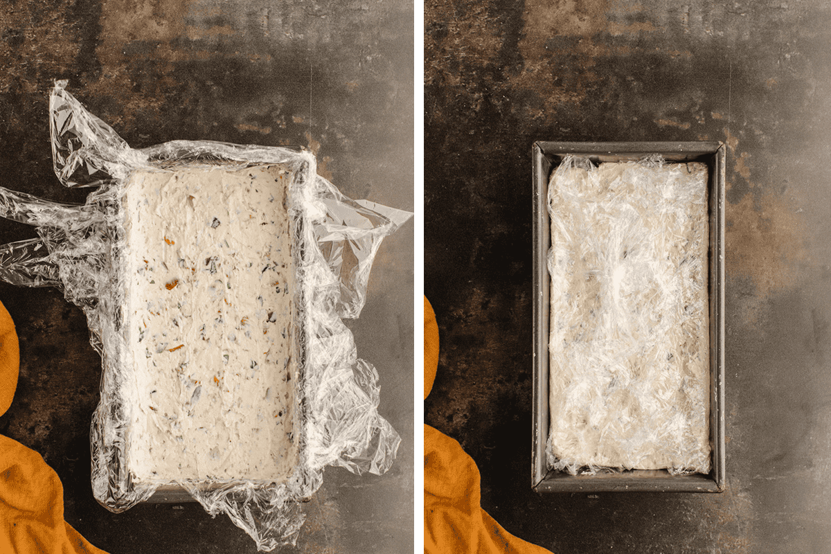 Side-by-side images of a rectangular pan filled covered in plastic wrap; on the left, the wrap is partially opened, and on the right, it is fully covered. 