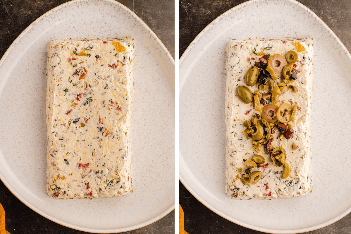 Side-by-side images of a rectangular cheese spread on a plate. The left shows the plain spread with herbs and diced vegetables; the right shows the spread topped with sliced green and black olives.