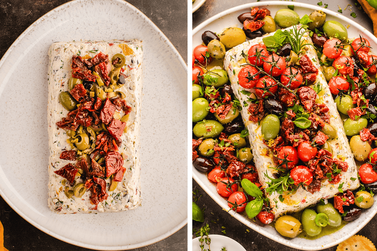 A rectangular block of herbed cheese topped with chopped olives and sun-dried tomatoes, shown alone on a plate (left) and surrounded by cherry tomatoes, olives, herbs, and more toppings (right).