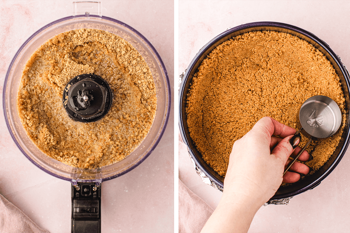 Classic New York-Style Cheesecake (Step-by-Step Photos) Left: Crushed graham crackers in a food processor. Right: A hand presses the crumbs into a round pan using a metal measuring cup to form a pie or cheesecake crust.