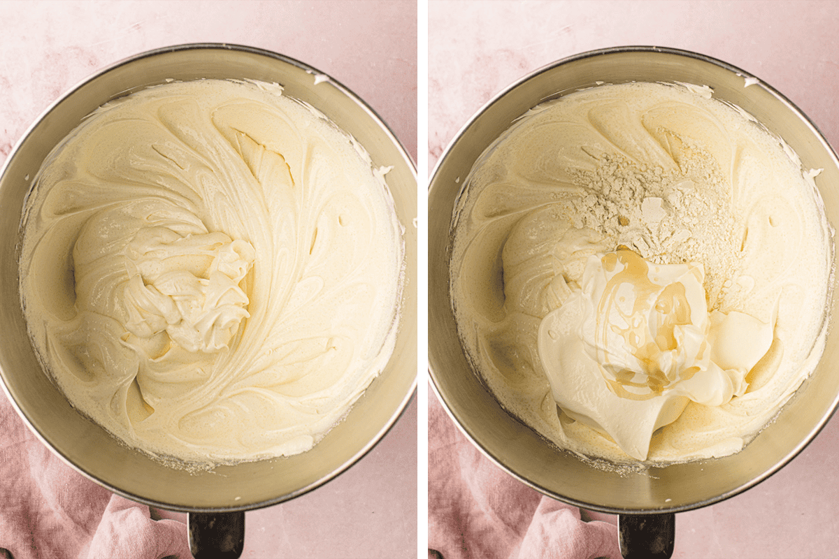 Classic New York-Style Cheesecake (Step-by-Step Photos) Two side-by-side bowls of creamy batter; the left bowl shows it fully mixed, while the right bowl has sour cream and flour being added on top of the batter.