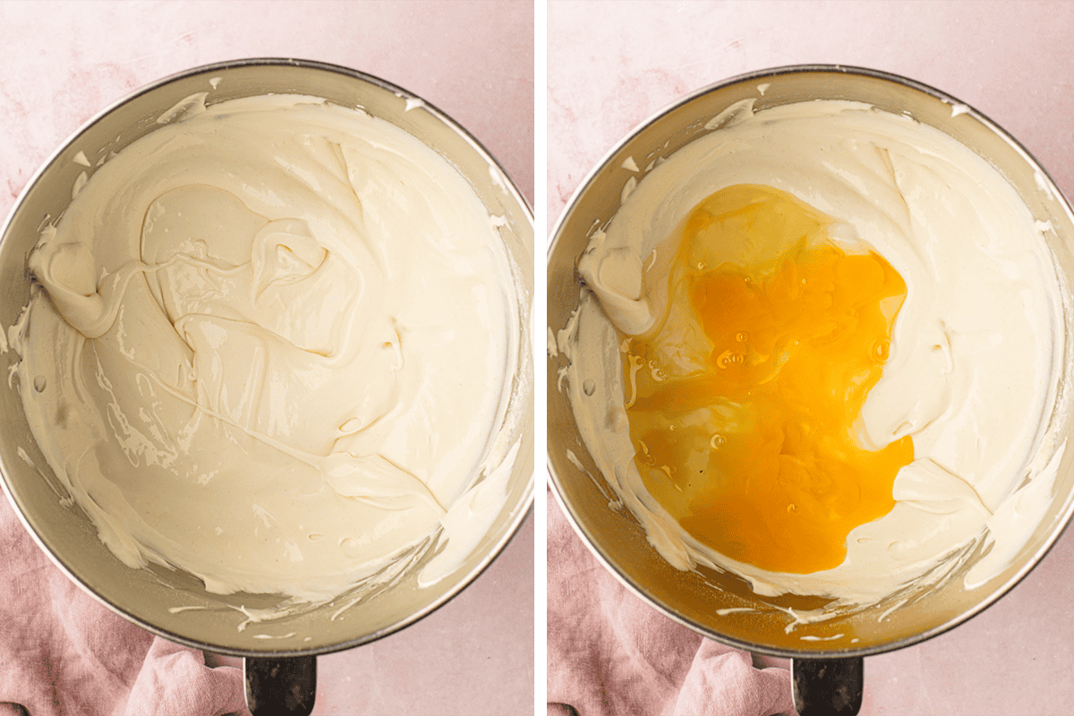 Classic New York-Style Cheesecake (Step-by-Step Photos) Side-by-side images of a mixing bowl: the left shows smooth, creamy batter; the right shows the same batter with cracked eggs added on top, ready to be mixed in.