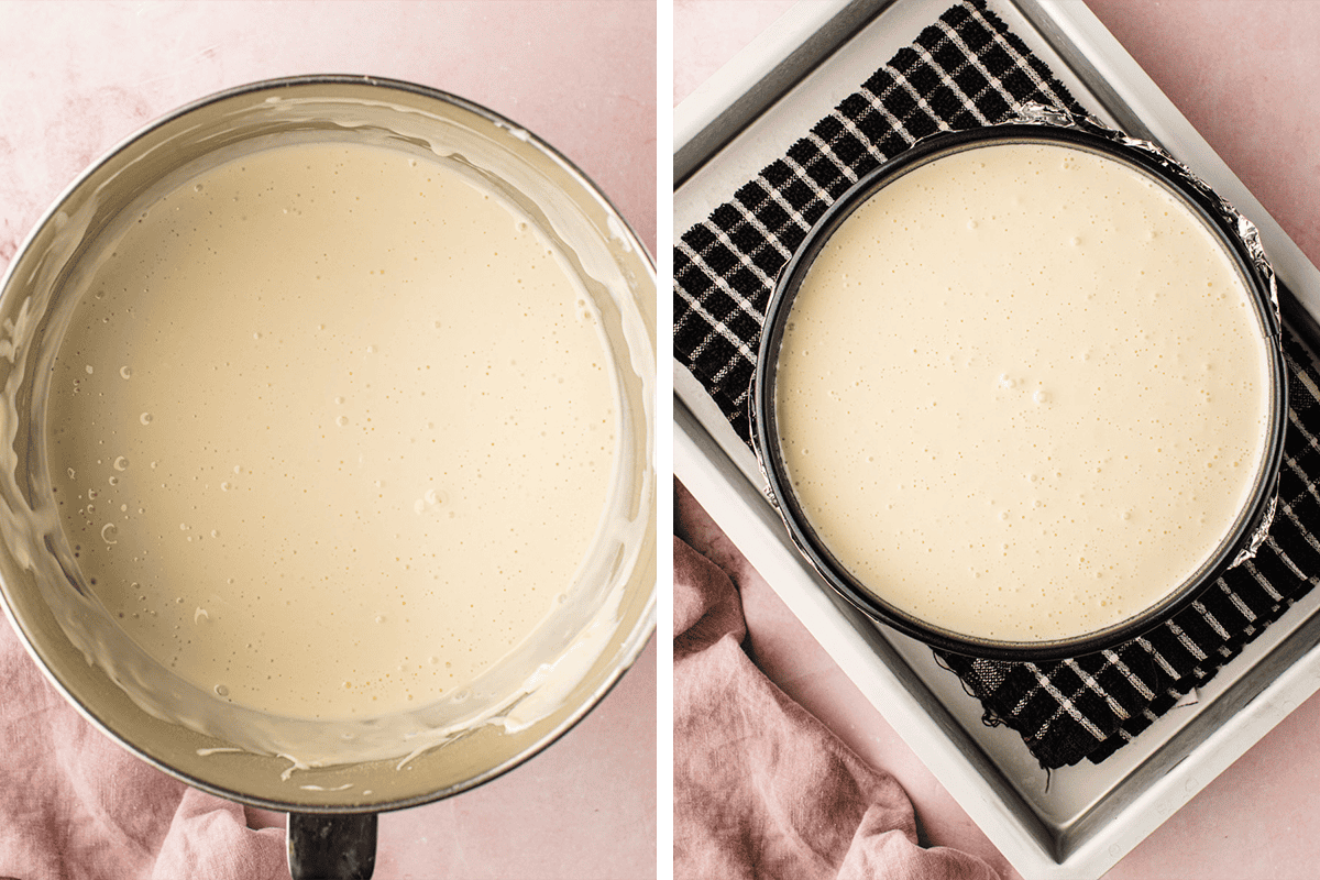 Classic New York-Style Cheesecake (Step-by-Step Photos) Side-by-side images: Left, a mixing bowl filled with creamy cheesecake batter. Right, a springform pan with batter, ready for baking.