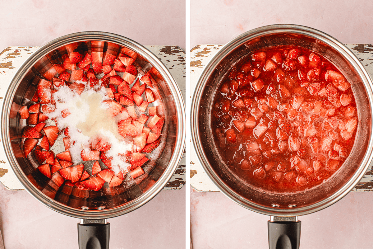 Classic New York-Style Cheesecake (Step-by-Step Photos) Side-by-side images of a saucepan with chopped strawberries and sugar on the left, and the same saucepan with the strawberries cooked down into a thick, red sauce on the right.