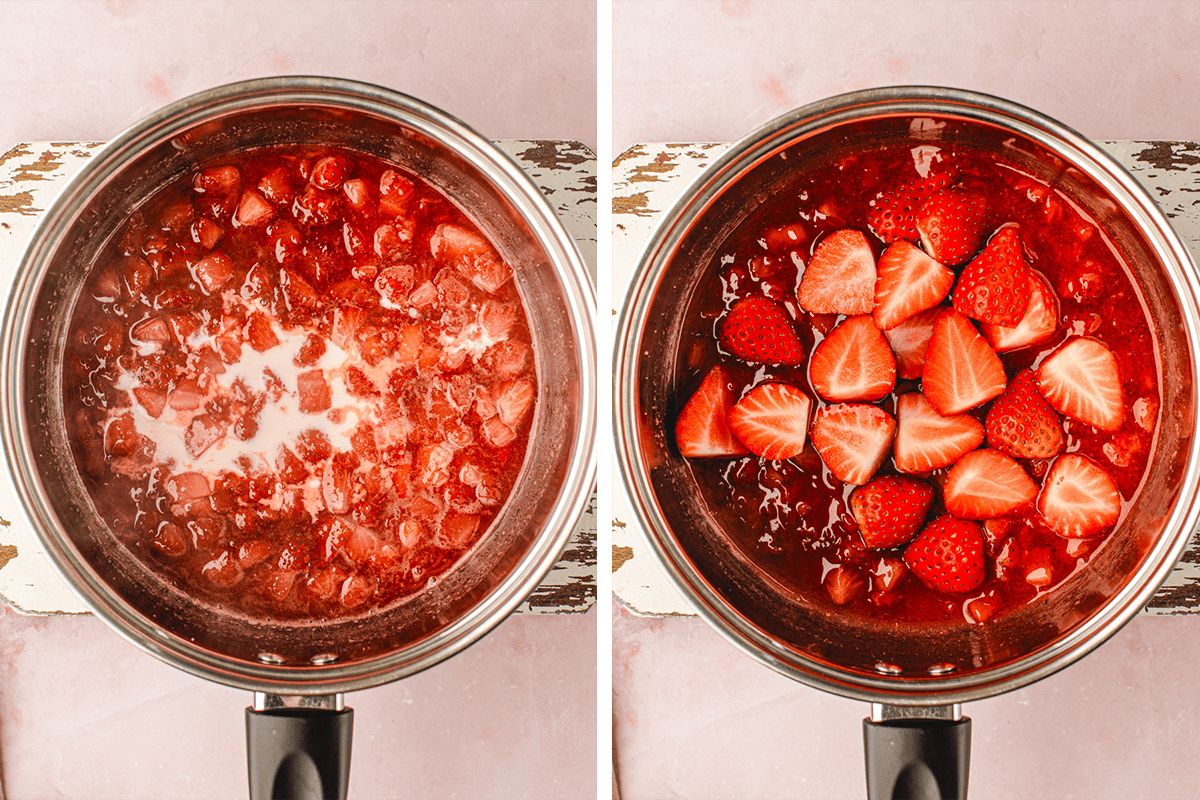 Classic New York-Style Cheesecake (Step-by-Step Photos) Two side-by-side photos of a saucepan with strawberry sauce. The left shows chopped strawberries cooking with liquid and some white cream added. The right shows fresh strawberry slices added to the thickened sauce.