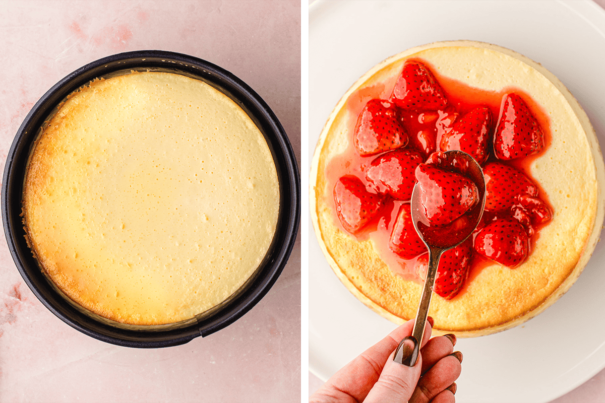 Classic New York-Style Cheesecake (Step-by-Step Photos) A split image shows a plain cheesecake in a pan on the left and, on the right, a person spooning strawberry topping onto a cheesecake on a white plate.