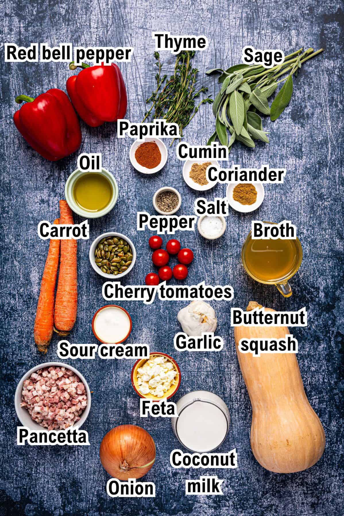 The Ingredients for Butternut Squash Soup This photo shows the ingredients for Butternut Squash Soup: red bell pepper, thyme, sage, paprika, cumin, coriander, oil, carrot, pepper, salt, broth, cherry tomatoes, butternut squash, sour cream, pancetta, feta, coconut milk, garlic, and onion.
