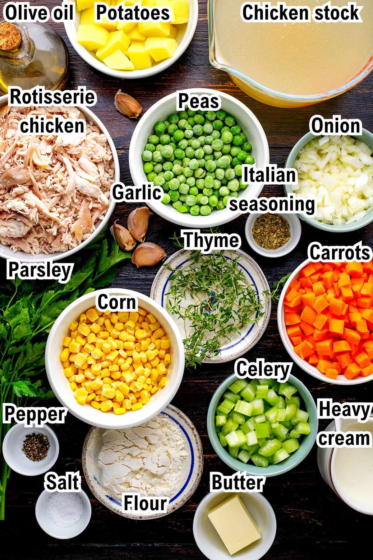 The Ingredients for Chicken Pot Pie Soup This photo shows the ingredients for a chicken pot pie soup, including olive oil, potatoes, chicken stock, rotisserie chicken, peas, onion, parsley, garlic, Italian seasoning, thyme, carrots, corn, celery, heavy cream, pepper, salt, flour, and butter.