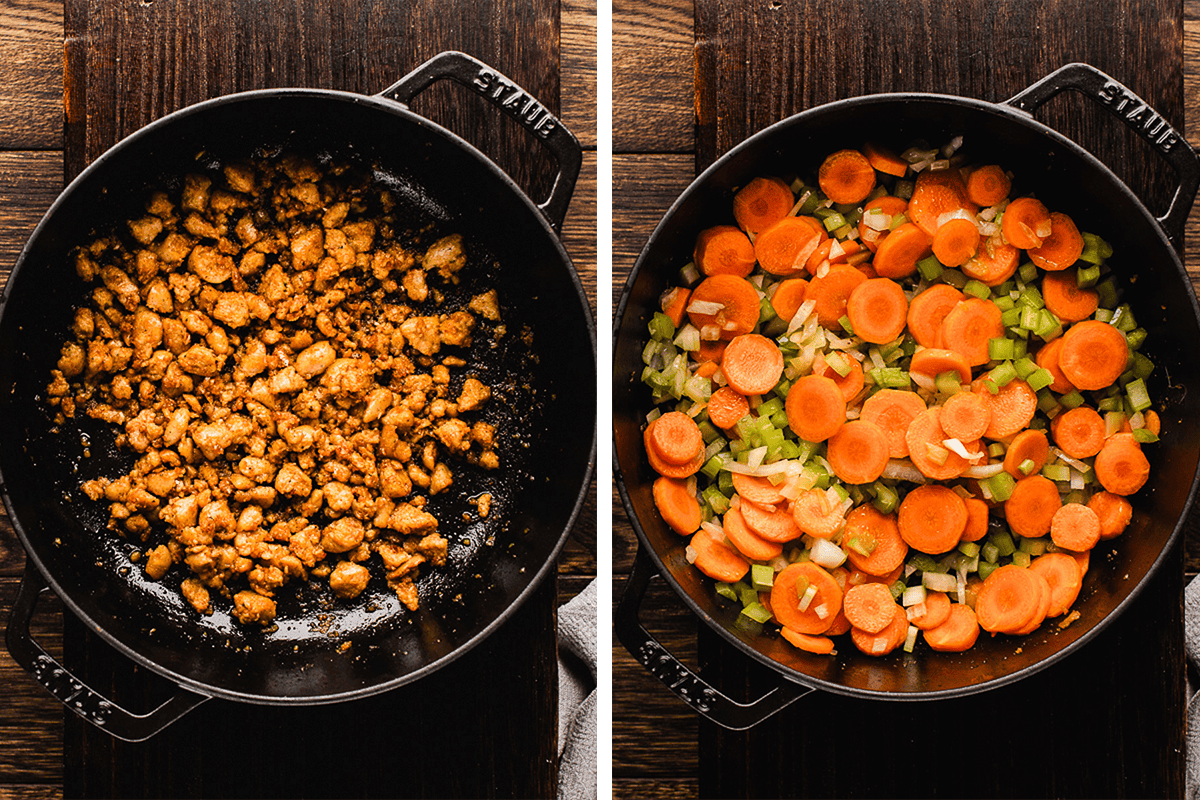 How to Make Tuscan White Bean Soup (Step-by-Step Photos) Side-by-side images show a skillet with cooked, seasoned ground meat on the left, and a skillet with sliced carrots, celery, and chopped onions on the right, both on a wooden surface.