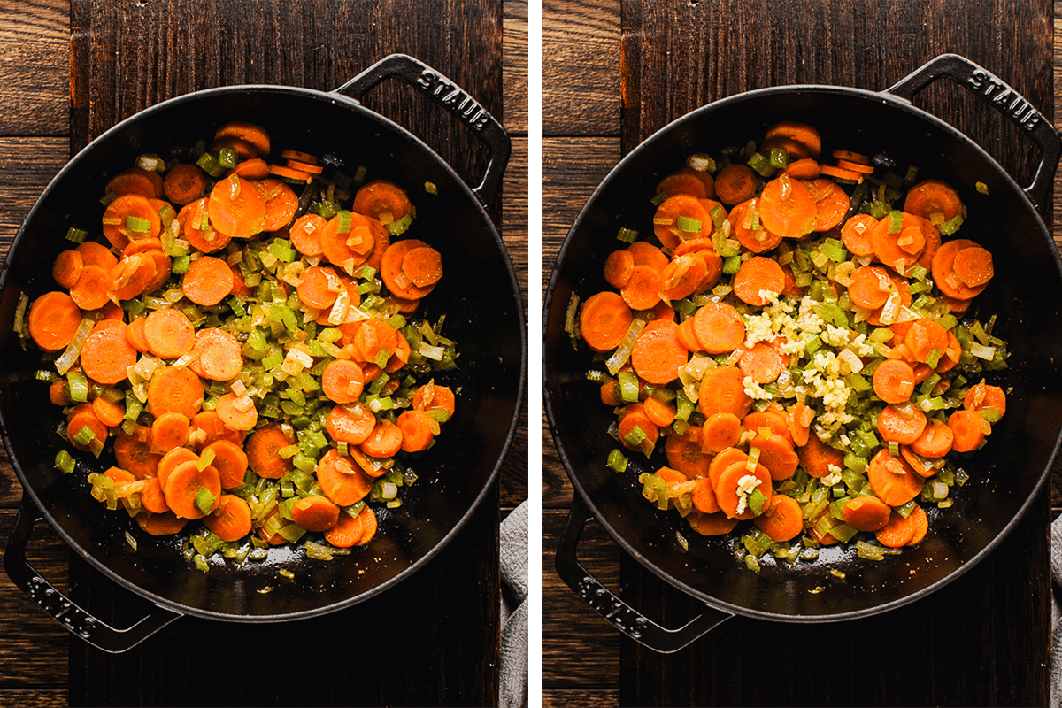 How to Make Tuscan White Bean Soup (Step-by-Step Photos) Side-by-side images show a black skillet with sautéed carrots, celery, and onions on a dark wooden surface. The right image has minced garlic added on top of the vegetables.