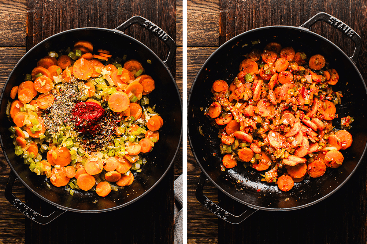 How to Make Tuscan White Bean Soup (Step-by-Step Photos) Side-by-side images of a black pan on a wooden surface. Left: chopped carrots, celery, onions, and seasonings before mixing. Right: the same mixture sautéed and blended together.
