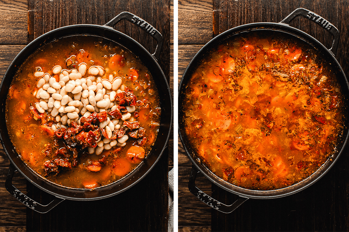 How to Make Tuscan White Bean Soup (Step-by-Step Photos) Two images side by side show a pot of soup. The left image displays beans and sun-dried tomatoes added to broth with carrots. The right image shows the same soup after stirring, with ingredients blended and simmering.
