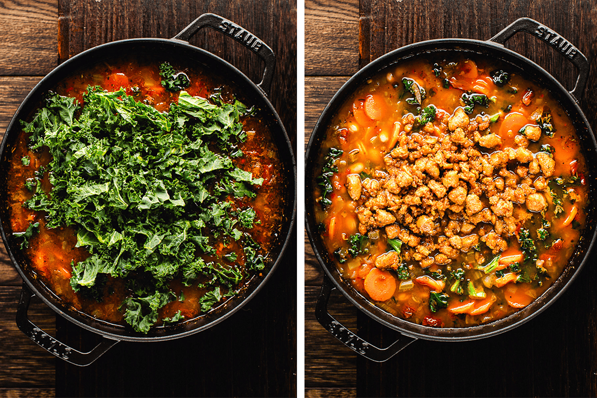 How to Make Tuscan White Bean Soup (Step-by-Step Photos) Side-by-side images of a pot of vegetable soup; the left shows leafy kale on top, while the right shows the finished soup with mixed vegetables and a crumbled protein topping, all in a dark pan on a wooden surface.
