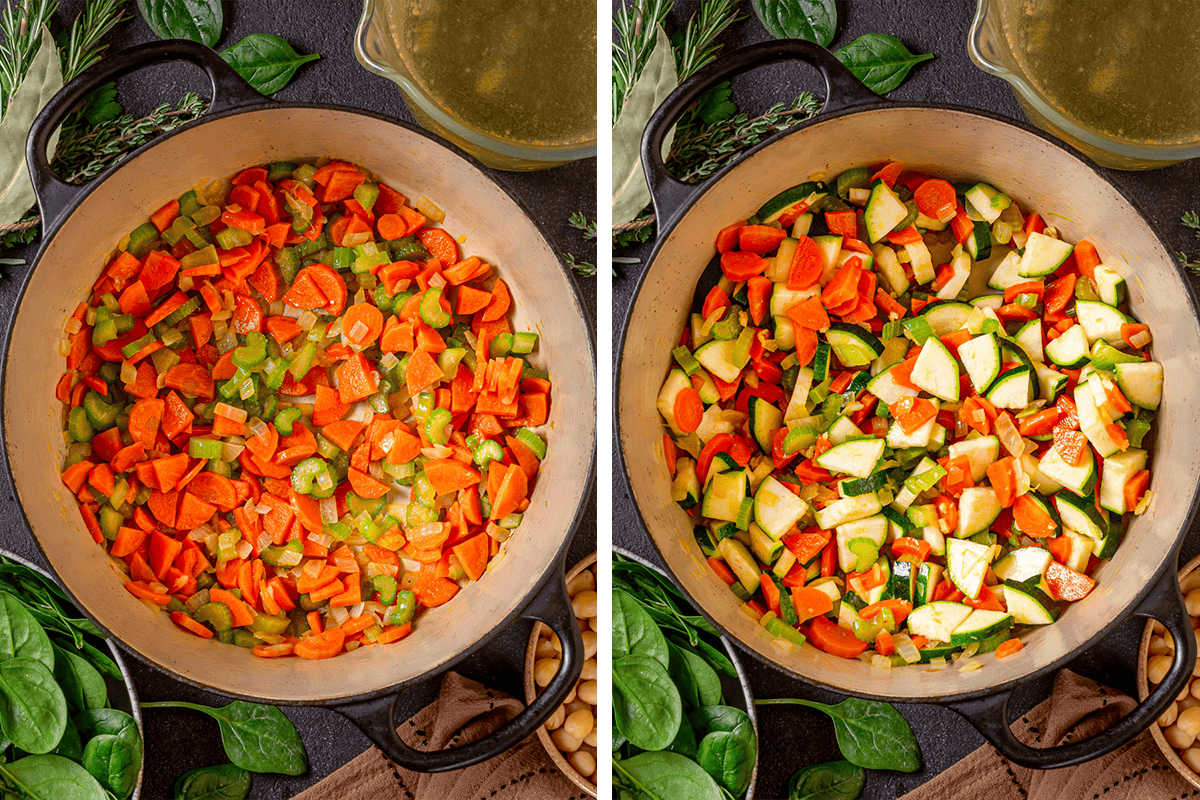 Two side-by-side images of a pot filled with colorful chopped vegetables, including carrots, celery, onions, and zucchini, surrounded by fresh spinach, herbs, and broth on a dark tabletop.