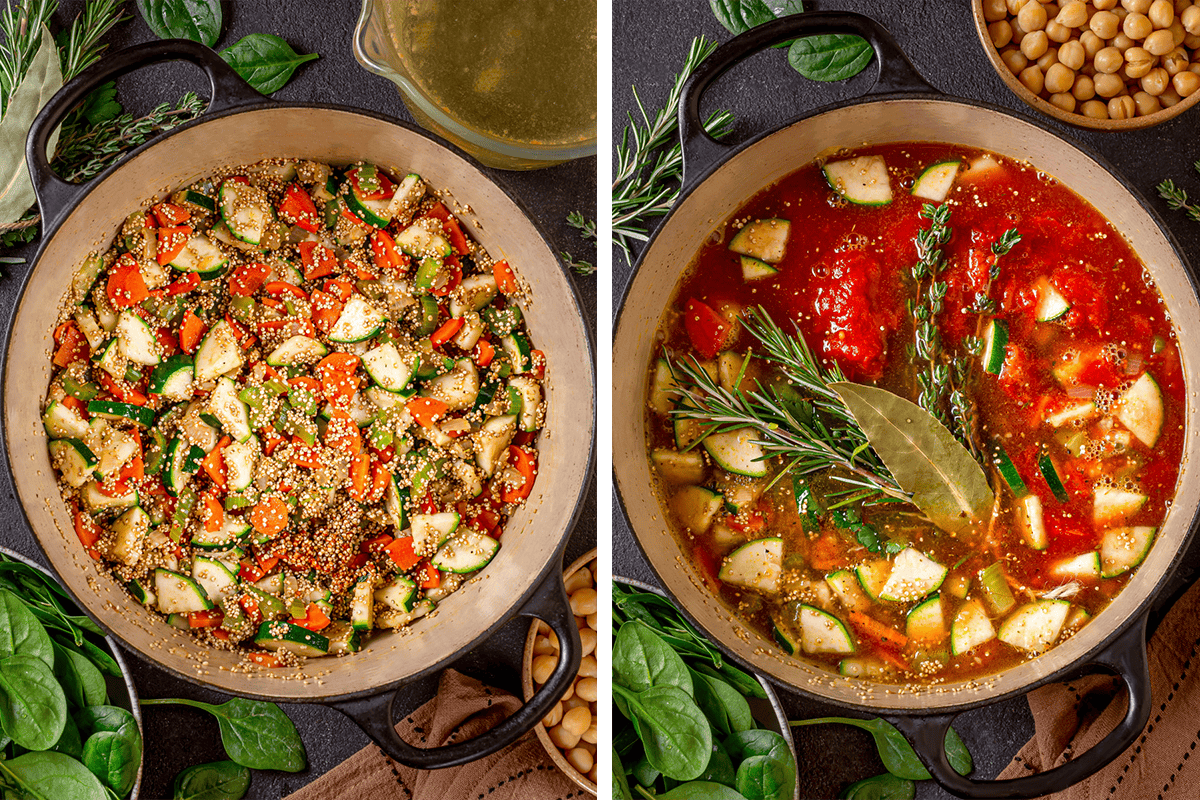 Two side-by-side images of a pot of vegetable soup being made. The left shows chopped vegetables and quinoa before cooking; the right shows the same pot with broth, tomatoes, herbs, and bay leaves added, ready to simmer.