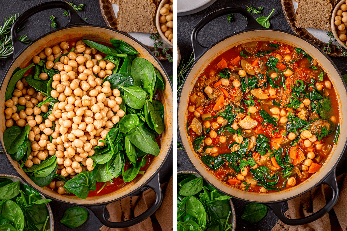 Two side-by-side images of a pot: the left shows chickpeas and fresh spinach on top of a red stew, and the right shows the finished stew with mixed vegetables, spinach, and chickpeas, all combined and cooked.