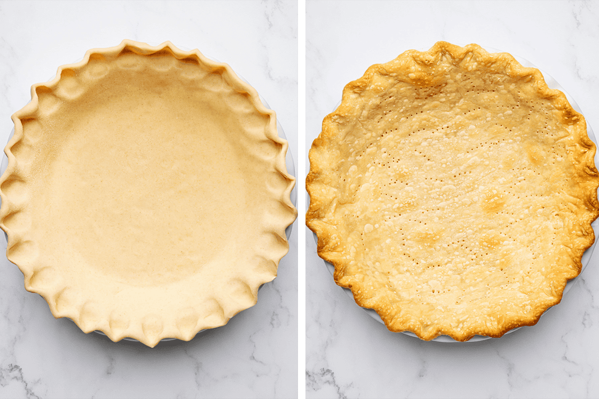 Berry Pie (Step-by-Step Photos) Side-by-side images of a pie crust: on the left, an unbaked, fluted pie crust in a dish; on the right, the same crust after baking, golden brown with fork marks on the bottom.