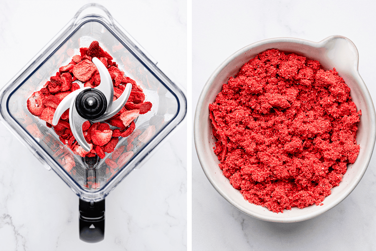 Berry Pie (Step-by-Step Photos) Left: Overhead view of a blender with freeze-dried strawberries inside. Right: Bowl filled with finely blended, bright red strawberry powder on a white surface.