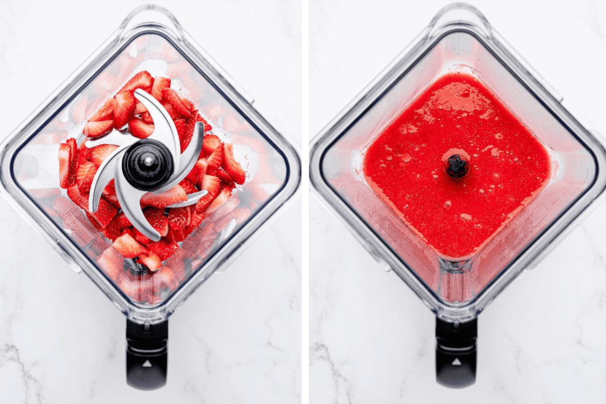 Berry Pie (Step-by-Step Photos) Two images of a blender viewed from above: the left shows chopped strawberries inside, and the right shows the strawberries blended into a smooth red puree.