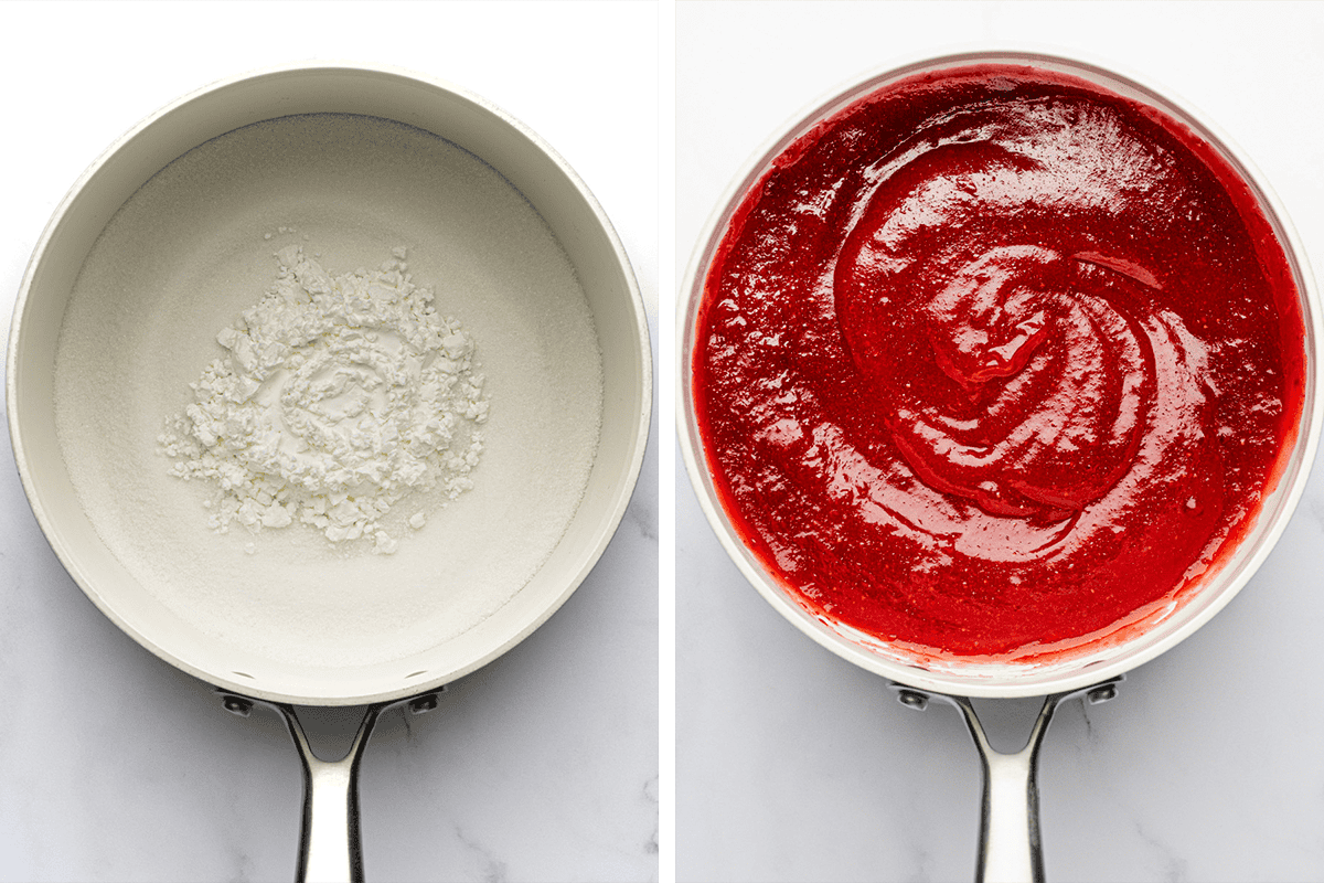 Berry Pie (Step-by-Step Photos) Side-by-side images: the left shows a saucepan with sugar and cornstarch, the right shows the same saucepan containing a thick, bright red strawberry sauce being stirred.
