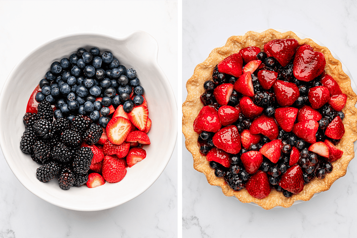 Berry Pie (Step-by-Step Photos) Side-by-side images: on the left, a white bowl with fresh strawberries, blueberries, and blackberries; on the right, a baked pie crust filled with the same mixed berries, glazed and arranged neatly.