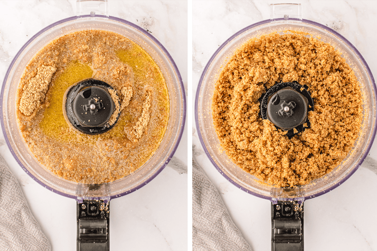 Side-by-side images of a food processor: the left bowl shows graham cracker crumbs and melted butter; the right bowl shows the mixture blended into a crumbly, even texture.