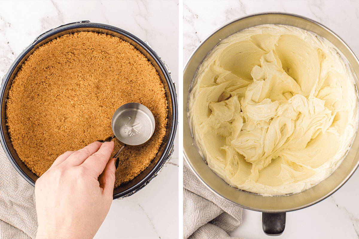 Side-by-side images: on the left, a hand presses graham cracker crust into a pan with a metal measuring cup; on the right, creamy cheesecake filling in a mixing bowl on a white surface.