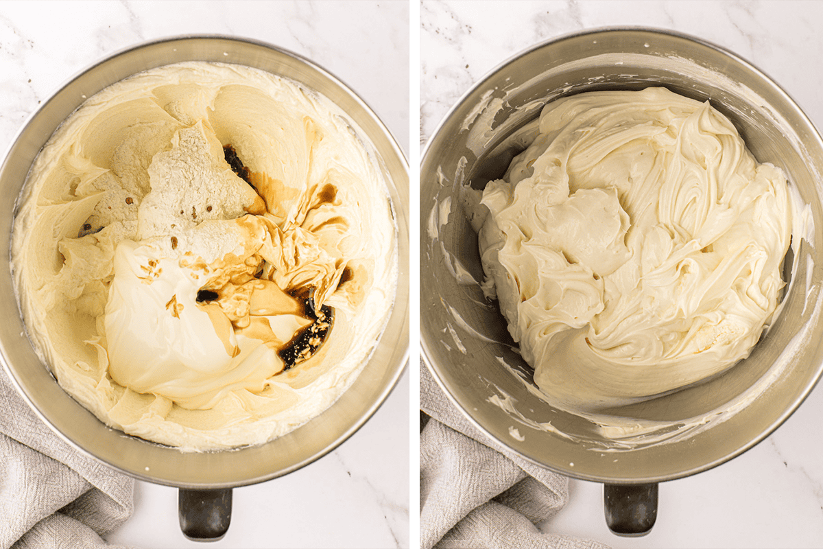 Side-by-side images of a metal mixing bowl: left shows cream cheese, sugar, vanilla, and other ingredients before mixing; right shows the smooth, creamy mixture after blending. Bowls are on a white marble surface.