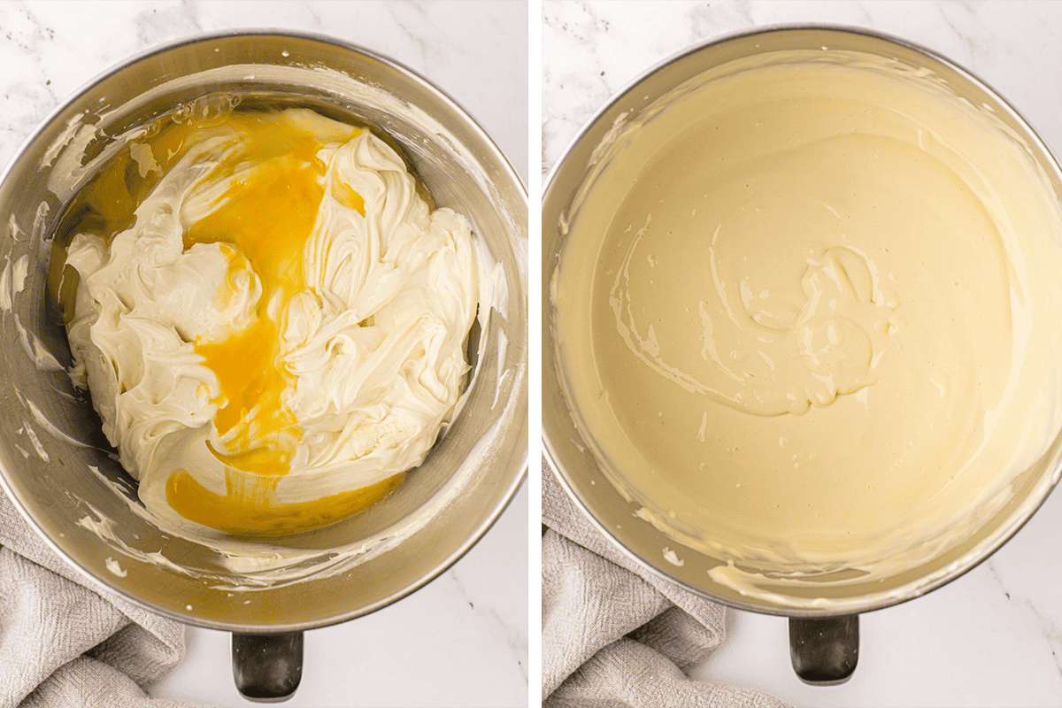 Side-by-side images of a metal mixing bowl. Left: cream cheese and eggs before mixing. Right: the mixture blended smooth and creamy. 