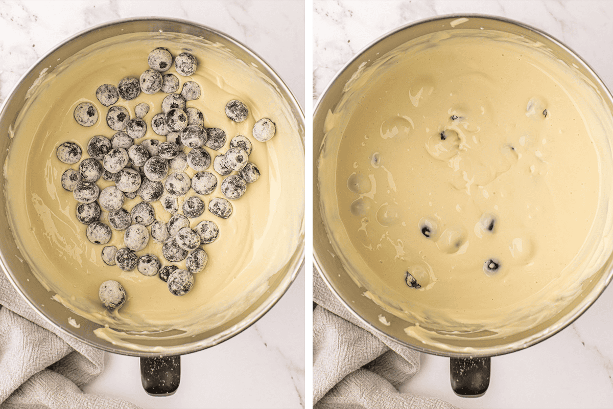 Side-by-side images show a mixing bowl with cheesecake filling and blueberries: the left bowl has blueberries on top of the batter, while the right bowl shows the blueberries mixed into the batter.