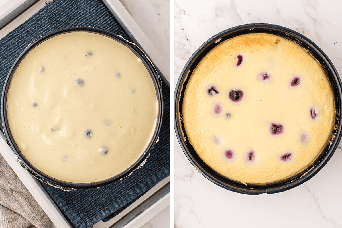 Side-by-side image showing a cheesecake with berries before baking (left, uncooked batter with visible berries) and after baking (right, firm cheesecake with lightly browned edges and visible baked berries).