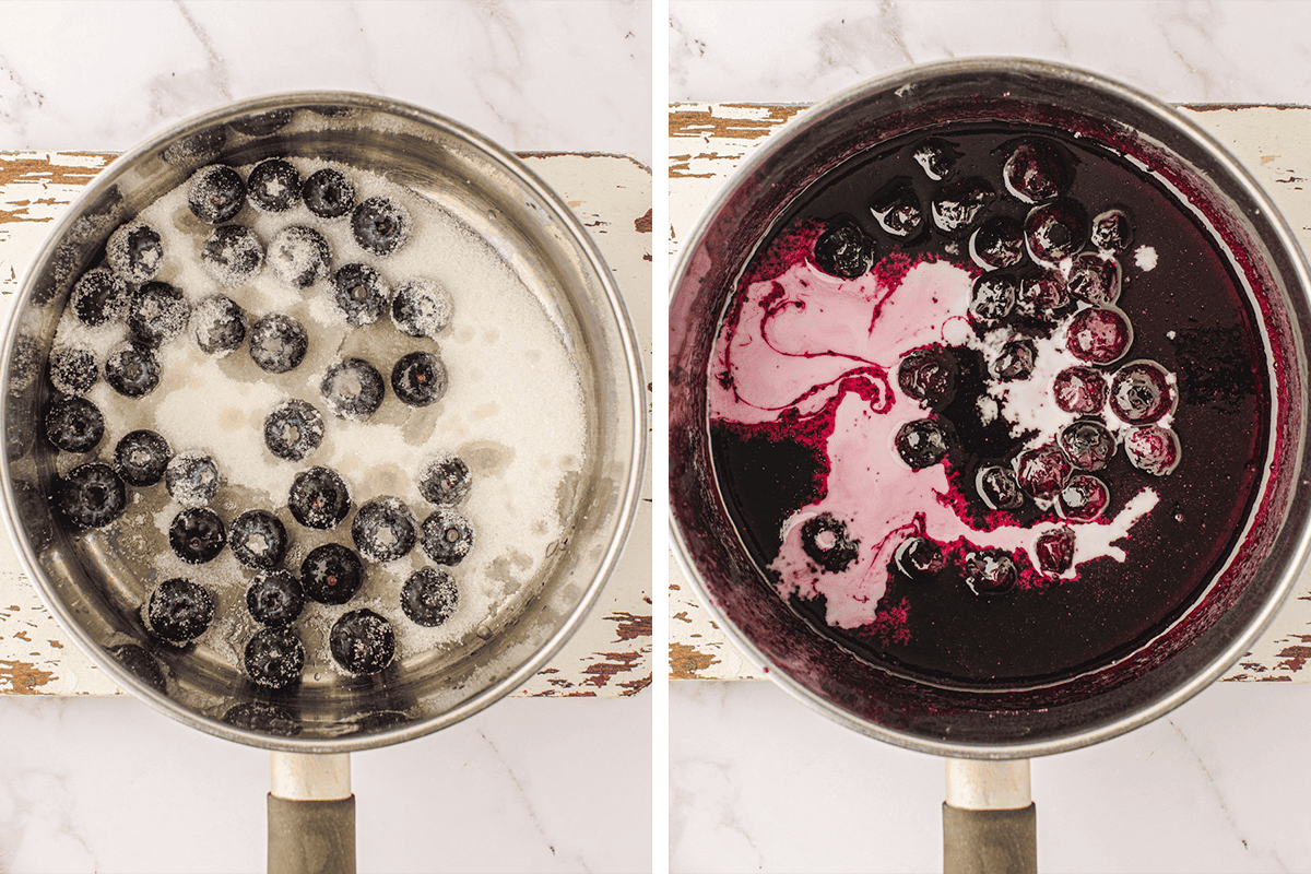 Side-by-side images show a saucepan with blueberries and sugar on the left, and on the right, the mixture cooked down into a thick, purple sauce with whole blueberries visible.